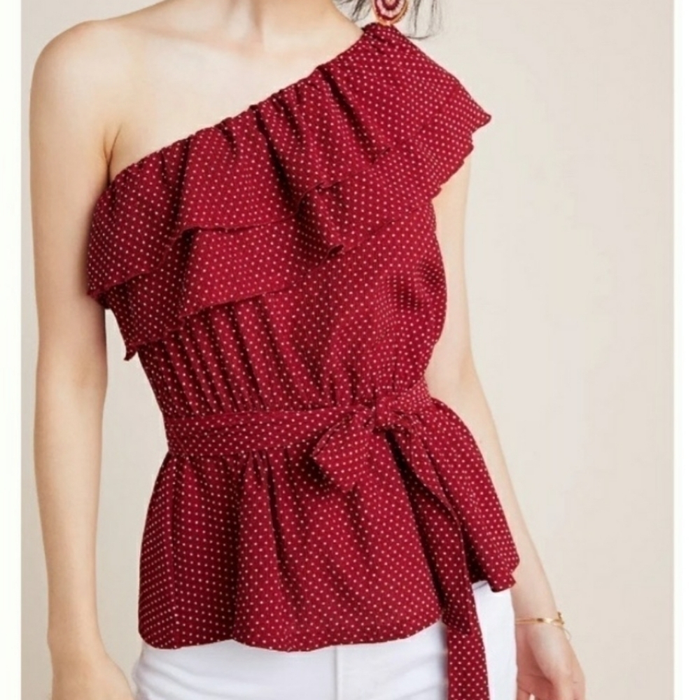 3/$50 MAEVE One Shoulder Ruffle Polka Dot Waist Tie Top